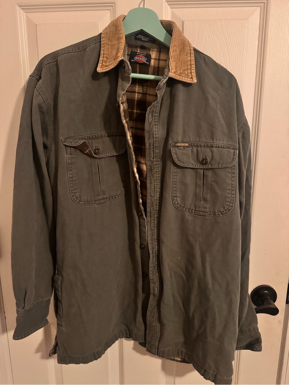 Dickies Olive Green Canvas Work Jacket with Tan Corduroy Collar